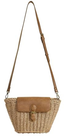 HuiYStar Sac à bandoulière en paille élégant pour femme avec rabat en cuir PU, bandoulière réglable, sac à bandoulière tressé pour plage, voyage et utilisation quotidienne, marron