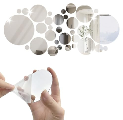 32 Stück Runde Spiegel, 3D Aufkleber Wandaufkleber Deko Acryl Set | Kreis Spiegelfläche, selbstklebend, Wohnzimmer Schlafzimmer, dekorativ, leicht abziehbar, robust, mosaik craft deco