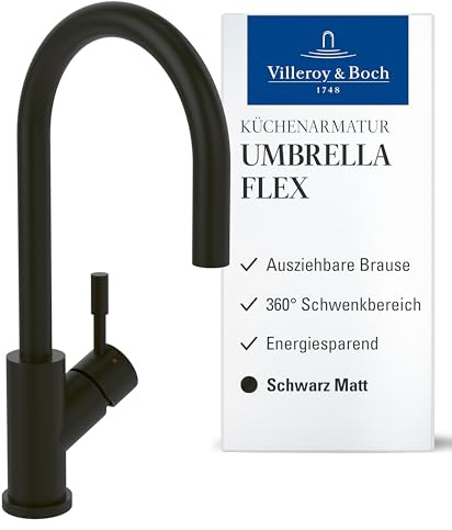 Villeroy & Boch Umbrella Flex Kitchen Faucet, High Pressure Kitchen Tap with Pull Out and 360° Swivel, Water-Saving Sink Faucet, Spout Height 220mm, Matte Black