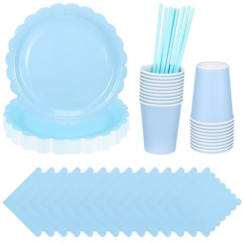 80 Pcs Light Blue Paper Plates and Napkins,Blue Graudation Party Supplies Include Light Blue Scalloped Plates Napkins Cups Straws for Baby Shower,Wedding,Birthday