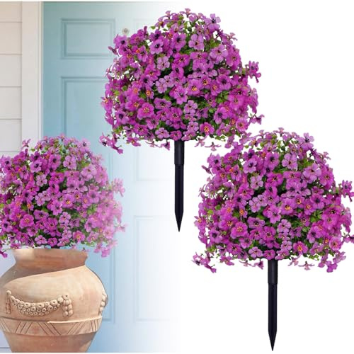 Lot de 2 boules topiaires roses artificielles réalistes de 60 cm avec pointes au sol, faux arbustes résistants à la décoloration pour intérieur et extérieur, décoration de porche (violet)