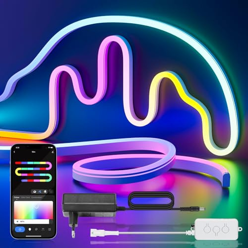 5m Neon Led Strip, 12V RGB mit IC LED Wasserdicht Flexible Neon Rope Lights mit Controller, APP Intelligente Steuerung, Musiksynchronisation,für Schlafzimmer, Wohnzimmer und Außendekoration