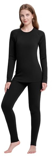 woolcano Set di biancheria intima termica da donna, 100% lana merino, biancheria intima leggera da sci, per donne, morbida e calda, 190 NERO, L