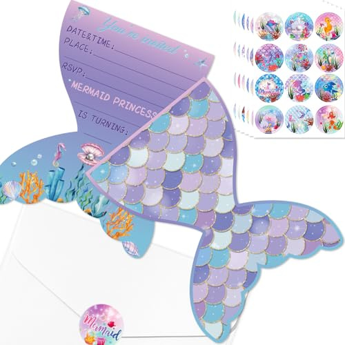 Meerjungfrauen-Geburtstagseinladungs-Sets mit Umschlägen und Aufklebern, Meerjungfrauen-Schuppen-Papierkarten für Mädchen, Babyparty, unter dem Meer, Party-Dekorationen, 17 x 12 cm, 20 Stück