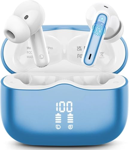 Auriculares Inalambricos Bluetooth, Auriculares Bluetooth 5.4 con 40H HD Estéreo Reducción de Ruido 4 Mic, Cascos Inalambricos con Pantalla LED, IP7 Impermeable, Carga Rápida, Ajuste Cómodo, Lago azul
