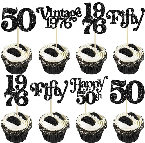 Gyufise 30Pcs 50th Birthday Cupcake Toppers Vintage 1976 Cheers to 50 Fabulous Fifty Cupcake Picks 50th Birthday Wedding Anniversary Party Cake Decorations Supplies Black