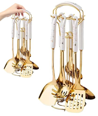 7 piezas/conjuntos Utensilios de cocina Set Utensilios de oro de acero inoxidable con soporte para lavavajillas Kit de de cocina colgantes incluye Spatula Ladle Pasta Cuchara
