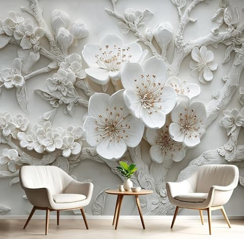 GSAEIMCT Fotomurale 3D Carta Da Parati Bianco Rilievo Dei Fiori Di Ciliegio 200X140Cm Murales Panoramica 3D,Carta Da Parati Fotomurale Arte Piante Semplici Per Soggiorno,Camera Letto Stanza Bambini