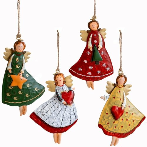 DAHI 4X Decorazioni per Albero di Natale Angeli in metallo - Ciondoli Natalizi Resina - Grande Pupazzi per Albero di Natale (colorate-A)