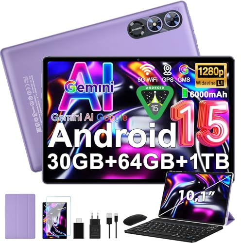 fezawio Android 15 Tablet 10 Pulgadas Gemini AI, Tablet PC Octa-Core, 30 GB RAM + 64 GB ROM (1TB TF), 3.5mm Audio/GMS/WiFi 6 & BT 5.0 / 6000mAh / GPS/Widevine L1, Tableta con Teclado-Morado