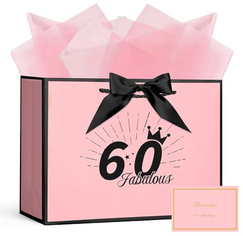 AOOSU Geschenktüte 60 Geburtstag, Papier Geschenktüten mit Schleife + 1 Grußkarten +3 Seidenpapier, Rosa Geschenktaschen Frauen 60th Birthday Gift Bag, Papiertüten mit Henkel für Damen, Mädchen