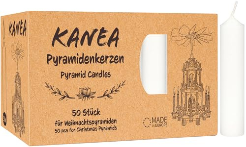 KANEA 100 Pyramidljus – Festliga Trädljus för Julpyramider – Vaxdekorationer för Julgranar, 7 cm Höga, 14 mm Diameter, Perfekta för en Mysig Julstämning med Mjuk Glans – Vita