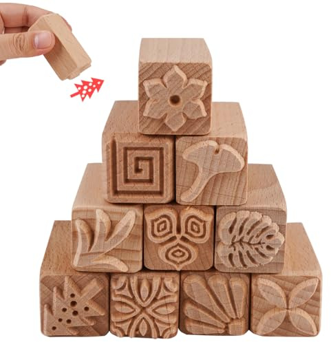 10 Stück Quadratisch Holzstempel, 5,5x2,2 cm Natürlich Stempel Kinder Holz