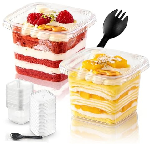 Fouvin Dessertburkar med lock 360 ml, 50 stycken dessertkoppar i plast med lock, fyrkantiga plastmuggar med 50 skedar, återanvändbara dessertskålar för tiramisu desserter, pudding