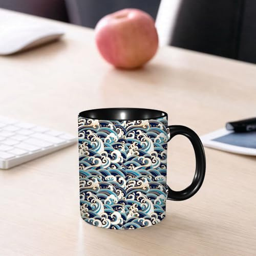 EMCLKS Mug en céramique, 330ml, tasse à thé, tasse cafe, tasse drole, cadeau drole, cadeau homme, mug cafe, Motif japonais à vagues, style oriental traditionnel, avec des éclaboussures d'écume, b