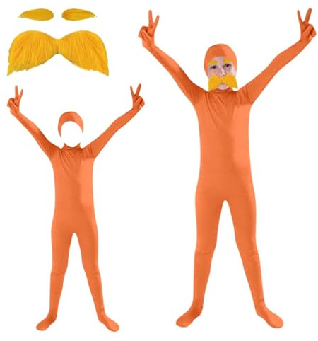Genérico Traje de Cuerpo Completo para Niños Naranja Carnaval Slenderman Disfraz Cosplay de Lorax Mono de Cuerpo Entero con Bigote Postiza Cejas para Carnaval Fiestas