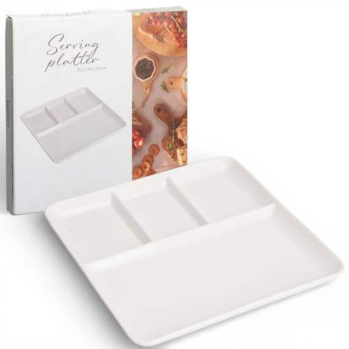 MIJOMA Porzellan-Snackteller 25,5 x 25 cm – 4-Fächer-Servierplatte im Quadrat – glatt glasiert und stabil – für Tapas, Fingerfood und Brunchmomente
