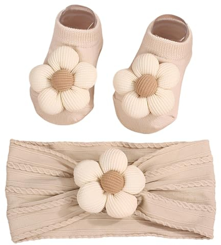 ZZHBOO 2 Pezzi, Antiscivolo per Bambini, Set Completo con Fascia e Calzini, Design a Fiori Carino, Per Neonati e Bambini, Accessori per Capelli e Piedi, Bianco e Marrone