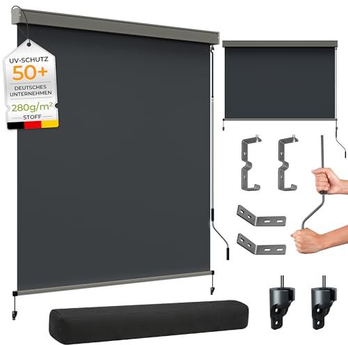 HOMEDEMO Senkrechtmarkise 160x250cm, Außenrollo mit Einstellbare Handkurbel & Alu-Kassette, Balkonrollo Markise, Sicht-und Sonnenschutz, UPF 50+, Wasserfest, Balkon, Terrasse, inkl.Abdeckung Anthrazit