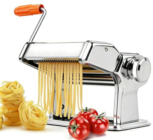 Manual Pasta Machine Heavy Duty Stainless Steel Pasta Roller with 0-9 Adjustable Thickness, Spaghetti & Tagliatelle Cutter, Non-Slip Hand Crank, Rust-Resistant Pasta Maker - Easy to Clean & Clamp