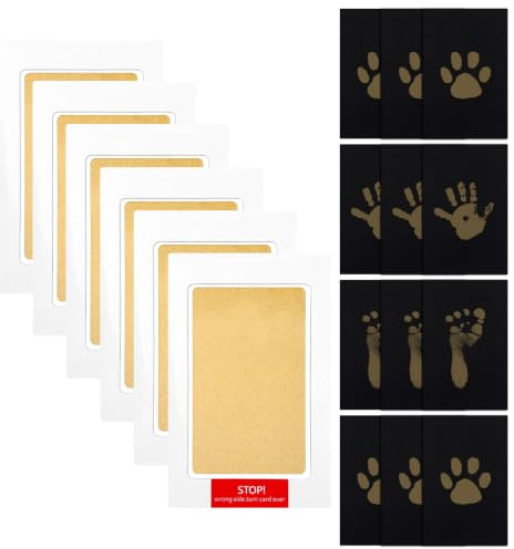 6 stycken baby-avtrycksset stämpelkuddar i guld med 12 svarta kort, ren touch bläcklös handavtryck och fotavtrycksset, hudvänligt tassavtryck hund, nyfödd gåva, babyshower dekoration