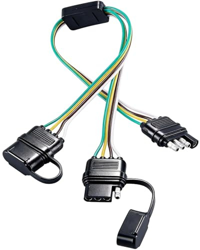 NEWSUN® 17.5 4 Pin to 4 Pin Trailer Light Wiring Connector Adapter, 1 to 2 Way Y-Splitter Flat Extension Cable Wring Harness for Tailgate Light Bars & Trailer Lights, Plug & Play with Waterproof Cap