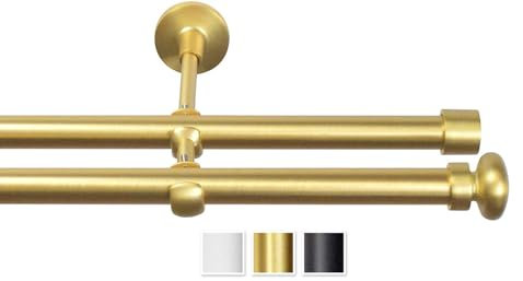 Rollmayer elegant und modern metall Gold Matt Vorhangstange/Gardinenstange Ø 19mm Rohr (240cm Crux Duo, im Gold Matt, 2-läufig) verschiedene Größen und Endstücken. Ohne Ringe!
