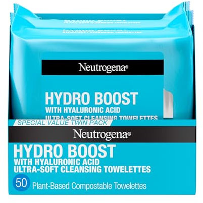 Neutrogena HydroBoost Facial Cleansing & Makeup Remover Wipes with Hyaluronic Acid, Hydrating Pre-Moistened Face Towelettes to Cleanse &Remove Dirt, Makeup & Impurities, Twin Pack, 25 ct