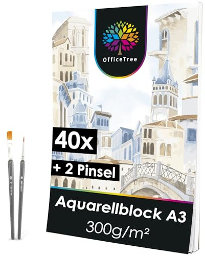 OfficeTree 40 x Aquarellpapier A3 300g - Aquarellblock mit Pinsel - Acrylpapier - Watercolor Paper A3 - Aquarell Papierblock für Aquarell Zeichnen Malen