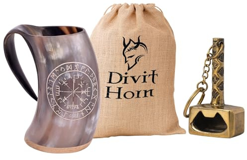 Divit Horn Jarra de cuerno auténtica de estilo vikingo de | Jarra de cerveza medieval auténtica | Bolsa de regalo de arpillera incluida | capacidad de 24 oz (Vegvisir, Polished)