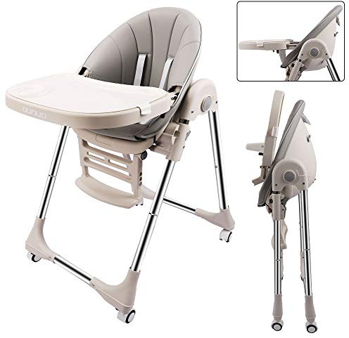 OUNUO Trona para Bebe Evolutiva, Plegable con bandeja extraíble, Ajustable 5 Alturas, 4 ruedas, Gris