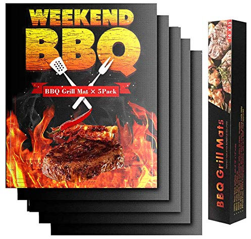 KUNBO Set di 5 tappetini antiaderenti per barbecue a carbone, gas o elettrico, resistenti al calore, riutilizzabili e facili da pulire, 40 x 33 cm, colore: nero