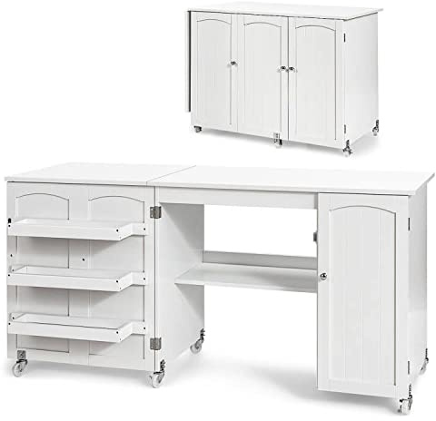 COSTWAY Bureau Pliable, Table de Couture Pliable pour Machine à Coudre, 3 Etagères pour Bobines, roulettes Universelles Verrouillables, pour Salon, Bureau, Studio, 50 x 158 x 75 cm, Blanc