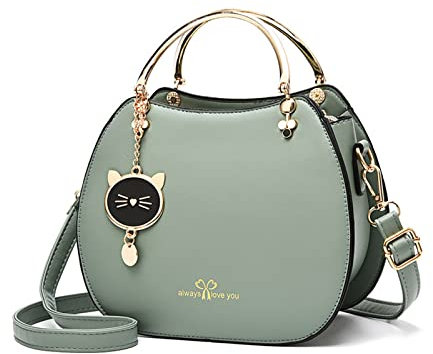 NICOLE & DORIS Runde Umhängetasche Damen Handtasche Klein Tasche Mode Crossbody Bag Damen PU Leder Henkeltasche Niedlich Schultertaschen Handytasche mit Katze Anhänger Grün