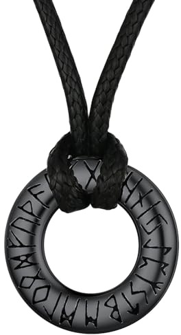 Viking Runes Necklace with Leather Neck Chains Black Stainless Steel Nordic Mythology Rune Charms