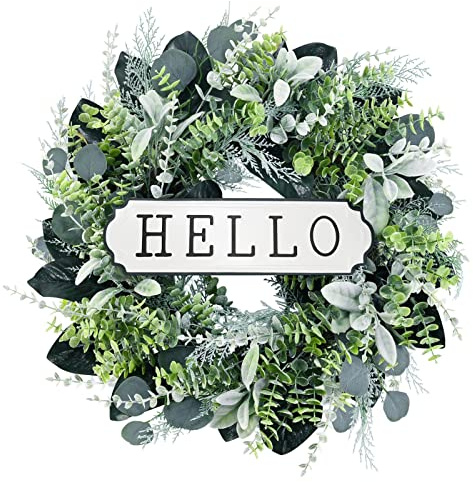 SEVENLOVE Hallo Türkranz, Buchsbaumkranz, 61 cm, Bauernhaus-Eukalyptus, beflockte Lämmer, Ohrenkranz für Haustür, Hänger, Wand, Fenster, Party-Dekoration, Grün