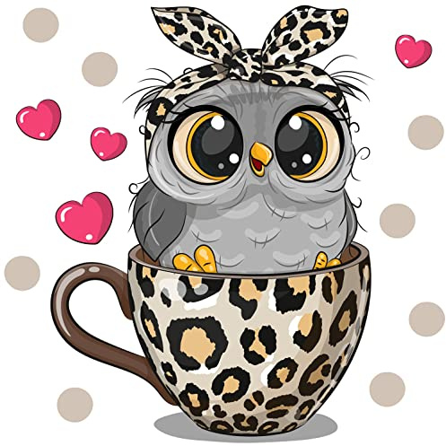WandSticker4U® - Sticker Mural Motif Tasse de Café Léopard I Mignon Chouette Sticker Mural Cuisine I Décoration Moderne pour Salle à Manger, Bureau, Café
