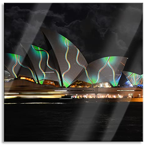 Pixxprint Glasbild, Wandbild auf Echtglas, Sydney Opera House Beleuchtung, 50x50 cm, inkl. Aufhängung und Abstandshalter
