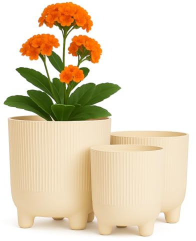 Home Garden Ornaments Übertopf, Kunststoff Trio Blumentopf, 3er-Set In 14 cm, 16 cm, 18 cm, Dekorativ, Ohne Drainagelöcher, Mit Streifenmuster, Blumentöpfe (Creme)