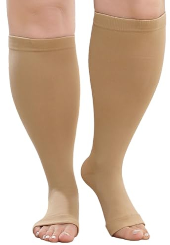 PUTUO Calze Compressione Graduata da Donna: Calzini a Compressione Gambaletti Uomo Calze Contenitivi Taglie Forti Punta Aperta per Sport Viaggi Gravidanza Ciclismo Viaggi in Aereo 1 Paia Beige 7XL
