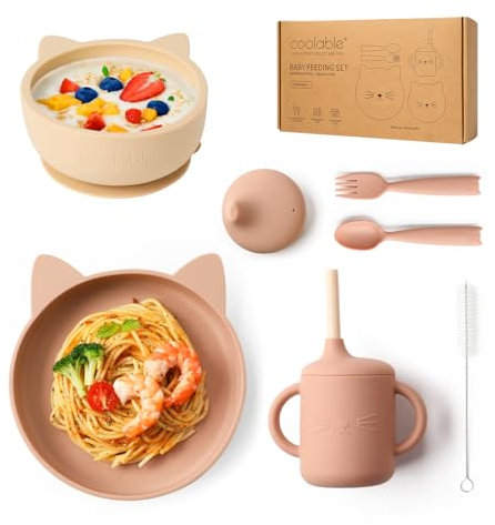 Coolable Vajilla de Silicona para Bebés - Conjunto de Alimentación para Bebés de Silicona con Tazón y Plato con Ventosa, Vaso de Entrenamiento, Tenedor y Cuchara - Rosa Pálido