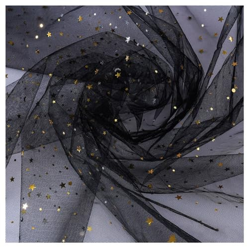 Hrlace 1M Tüllstoff 150cm Breit Glitzer Tüll Dekostoff Stern Mond Pailletten Tüll Stoff Tüllband Glitzer Garn Deko Fabric für DIY Nähen Bekleidung Tutu Röcke Hochzeit Party Deko Schwarz 100 x 150cm