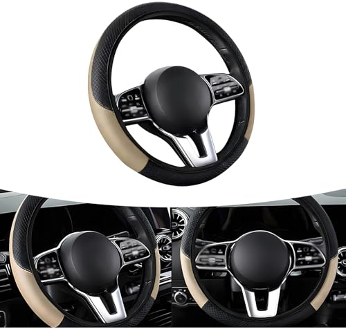 awlbed 1 PC Car Steering Wheel Cover, 14.96 Elastic Non-Inner Ring Carbon Fiber Leather All-Season Anti-Slip Steering Wheel Cover, Modification Accessory, Compatible with Most Car Models (Beige)