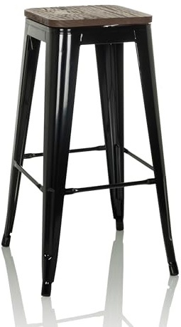 hjh OFFICE Barhocker mit Holzsitz, stapelbarer Hocker Industrial Design | Drehbare Sitzfläche, bis 150 kg belastbar, stabile Stahlkonstruktion, Schwarz