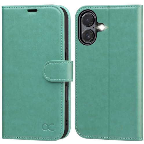 OCASE für iPhone 16 Hülle Handyhülle Premium PU Leder Grün | Kartenfach Standfunktion, RFID Schutzhülle, Klapphülle Handytasche Lederhülle