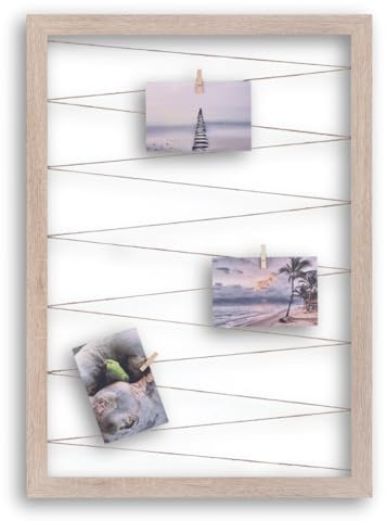 CLAMARO Fotohalter mit Fotoleine, Eiche Sonoma, 60 x 80 cm, vollummantelt | MDF-Rahmen 30 mm breit, Juteband gespannt, Massivholz-Clips, Metallaufhänger, für Fotocollage, Postkarten