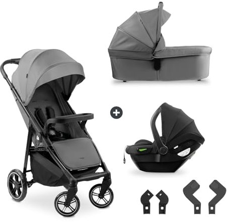 hauck 3in1 Kinderwagen Set Shop N Care Trio Set inkl. Buggy, Babywanne, Babyschale ab Geburt bis 22 kg, Klein Zusammenklappbar, Liegefunktion, Getränkehalter & Tablett, UV-Schutz 50+ (Grey)