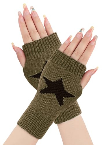 Symphonyw Star Impreso Guantes sin dedos, 1 par de guantes Y2K medio dedo con agujero para el pulgar invierno guantes cálidos para hombres y mujeres, caqui, 20