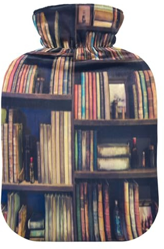 Wärmflasche mit Bezug, Bücher Bibliothek Bücherregal 1L Auslaufsicher Wärmbeutel für Hand Füße Wärmer Nacken Schulter Rücken Muskelschmerzen Linderung Kaltkompresse