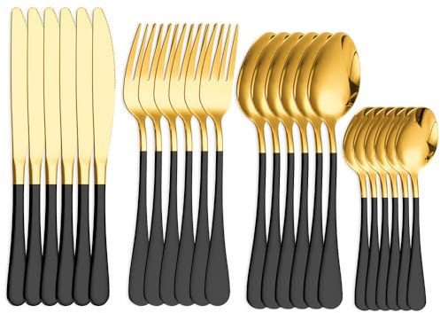 Ménagère 24 pièces en acier inoxydable pour 6 personnes, ustensiles de cuisine pour maison, restaurant, fête, doré et noir